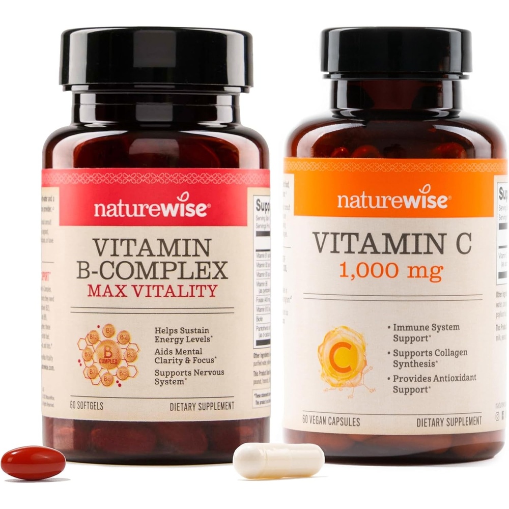 image:imageNatureWise B Complex Vitamins with Folic Acid 60 Count Extra Strength Vitamin C 1000mg Capsules 60 Count Bundle for Immune Energy Levels Heart Health Support Soy Dairy Gluten Free NonGMO