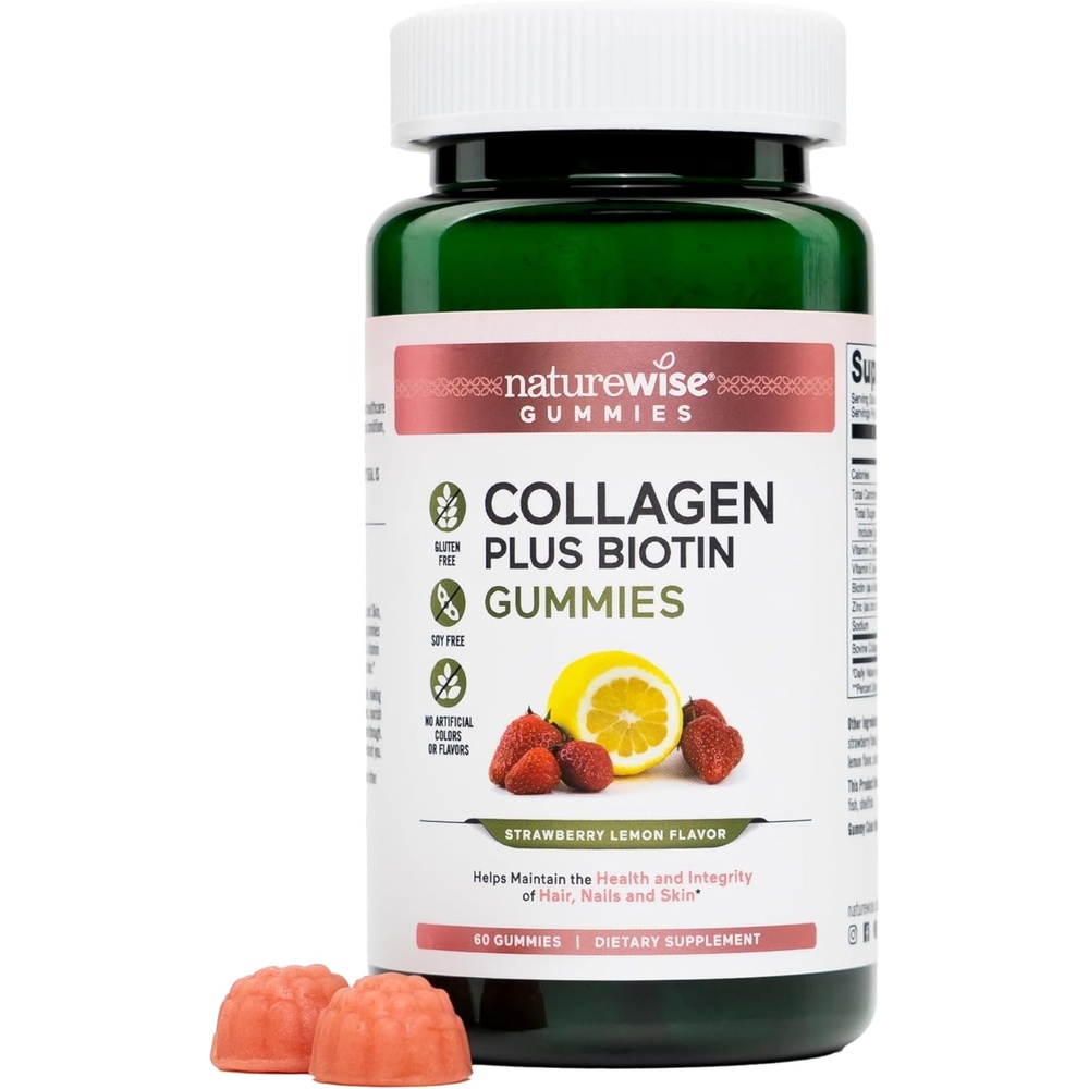 image:imageNatureWise Collagen Gummies Hydrolyzed Collagen Gummies Type 1 amp 3 Peptides for Women Biotin Vitamin C E amp Zinc for Hair Skin and Nails Support 60 Count1Month SupplyStrawberry Lemon