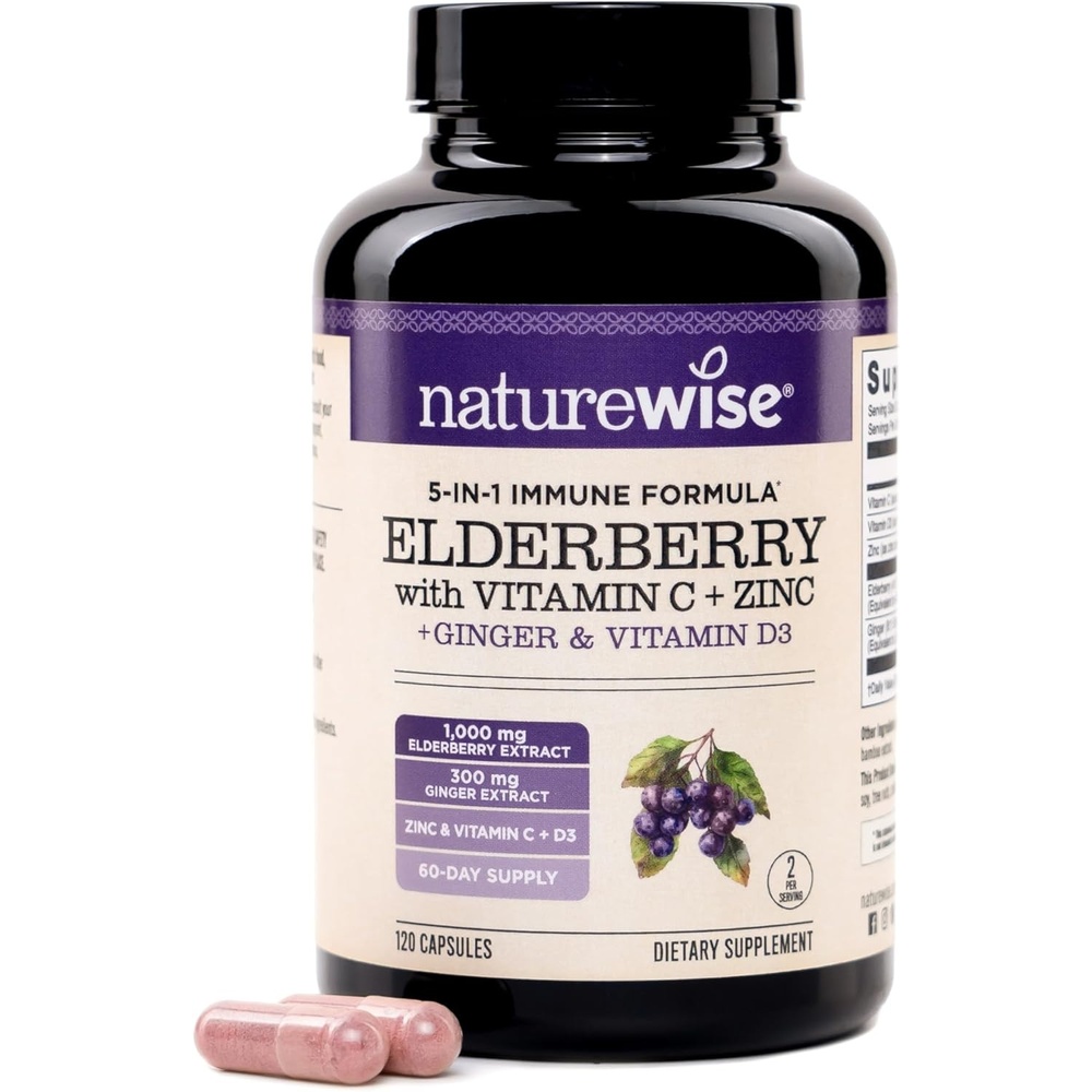 image:imageNatureWise Elderberry Vitamin C and Zinc for Adults Sambucus Black Elderberry and Ginger amp Vitamin D3 5000IU 5 in 1 Immune Support NonGMO USA Manufactured 120 Veggie Capsules60Day Supply
