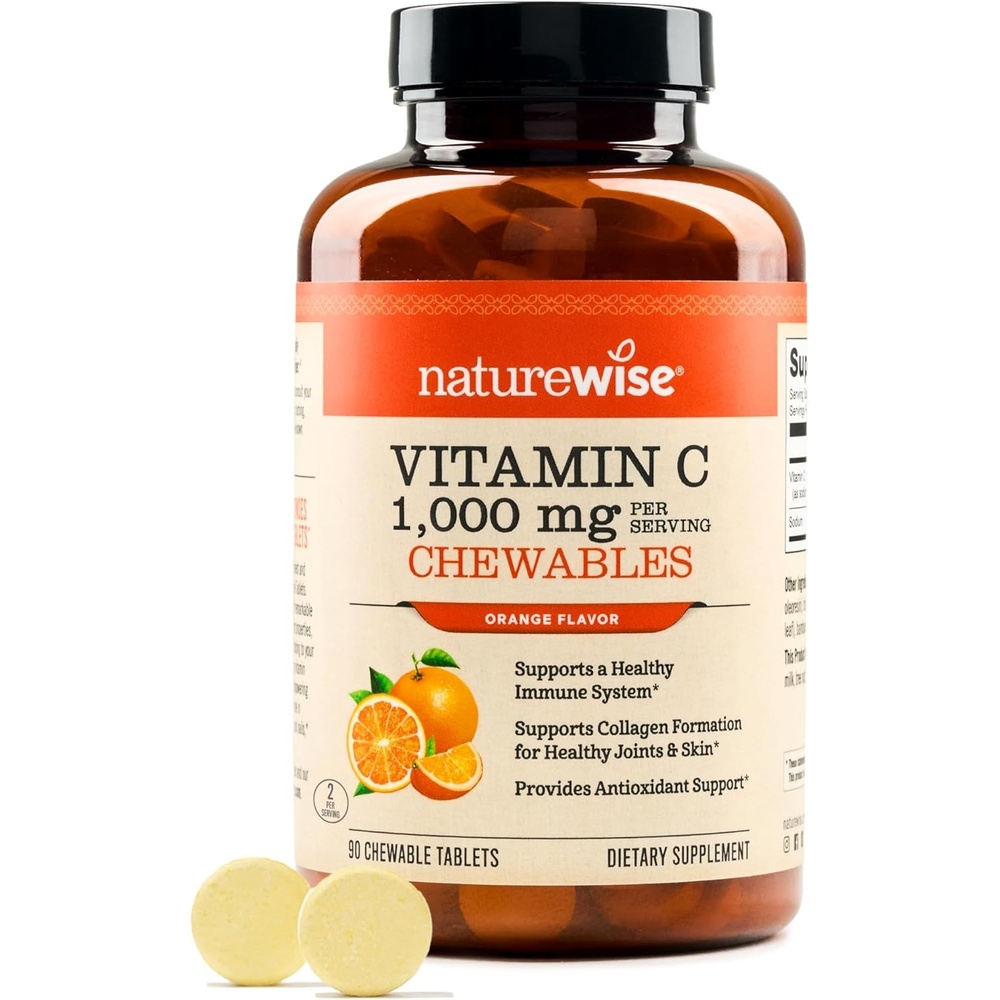 image:imageNatureWise Extra Strength Vitamin C Chewable 1000mg for Adults Natural Orange Flavor Immune System amp Antioxidant Support NonGMO Vegan amp Sugar Free 90 Chewable Tablets45Day SupplyOrange