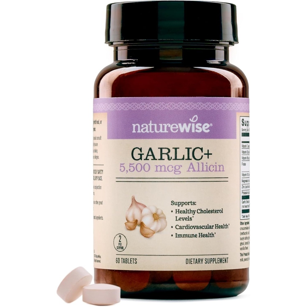 image:imageNatureWise Garlic Extract 5500 mcg Allicin Supplement Healthy Cholesterol amp Blood Pressure Formula Vitamins B amp C Vegan Tablets wEnteric Coating NonGMO GlutenFree 60 Count 30Day Supply