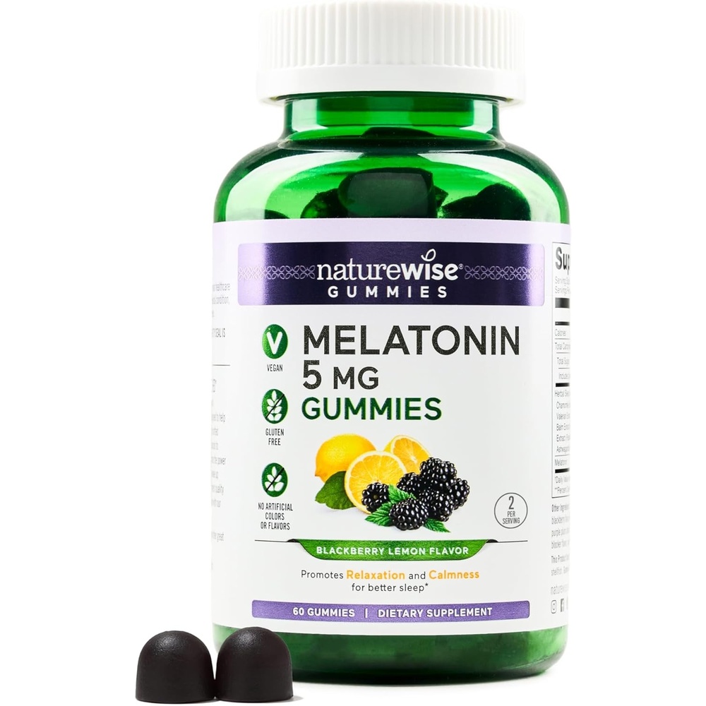image:imageNatureWise Melatonin Gummies 5mg NonHabit Forming Sleep Support Supplement with Ashwagandha Valerian Root BlackBerryLemon Flavor Vegan Gluten Free NonGMO 60 Count30Day Supply