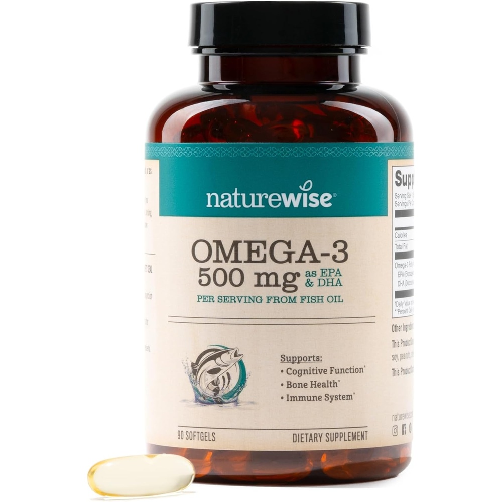 image:imageNatureWise Omega 3 Fish Oil 500mg Omega 3 per Serving 300mg EPA amp 200mg DHA Sustainably Sourced for Purity Lemon Flavored Burpless Gluten amp Soy Free NonGMO 60 Softgels2Month Supply90 Count Pack of 1