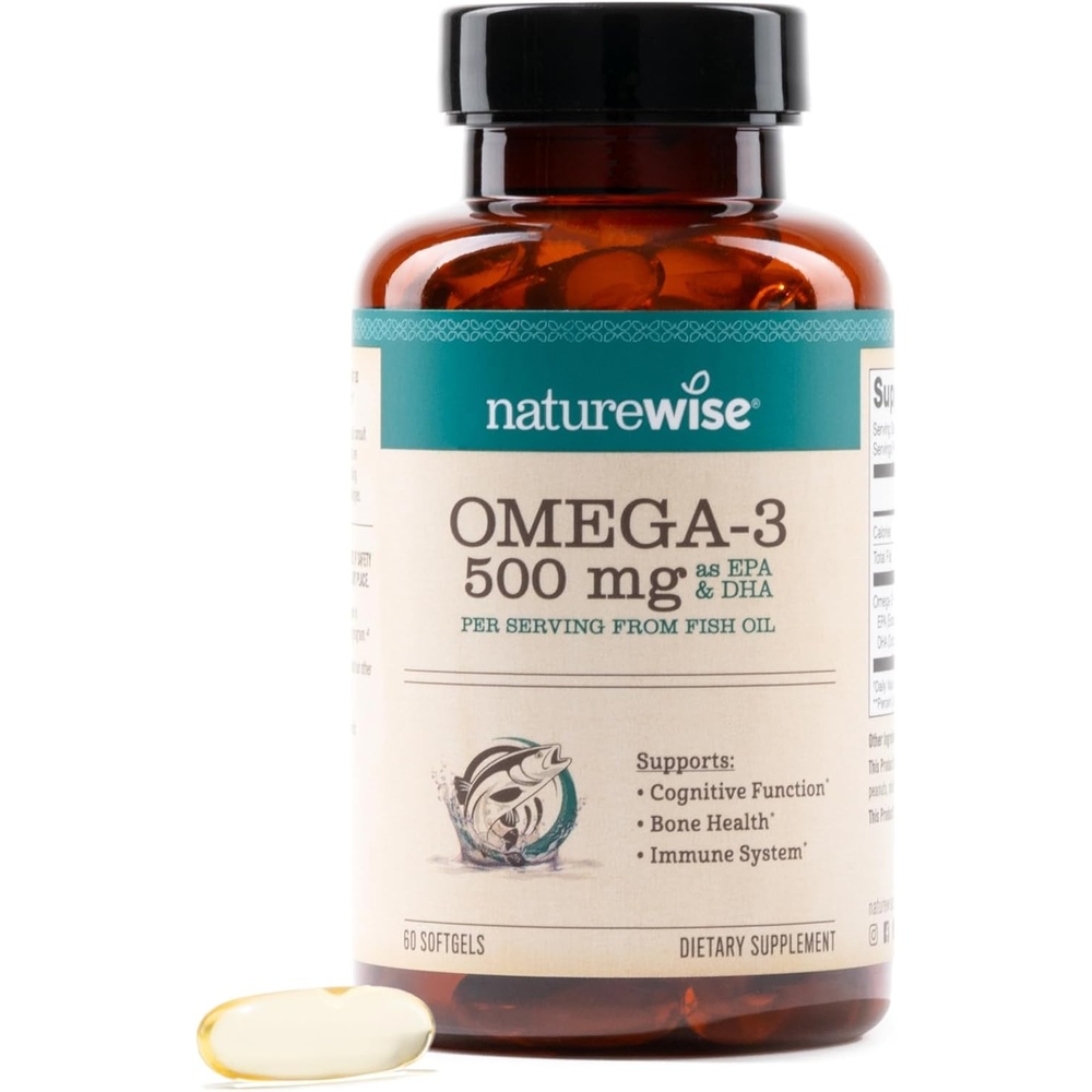 image:imageNatureWise Omega 3 Fish Oil 500mg Omega 3 per Serving 300mg EPA amp 200mg DHA Sustainably Sourced for Purity Lemon Flavored Burpless Gluten amp Soy Free NonGMO 60 Softgels2Month Supply60 Count Pack of 1