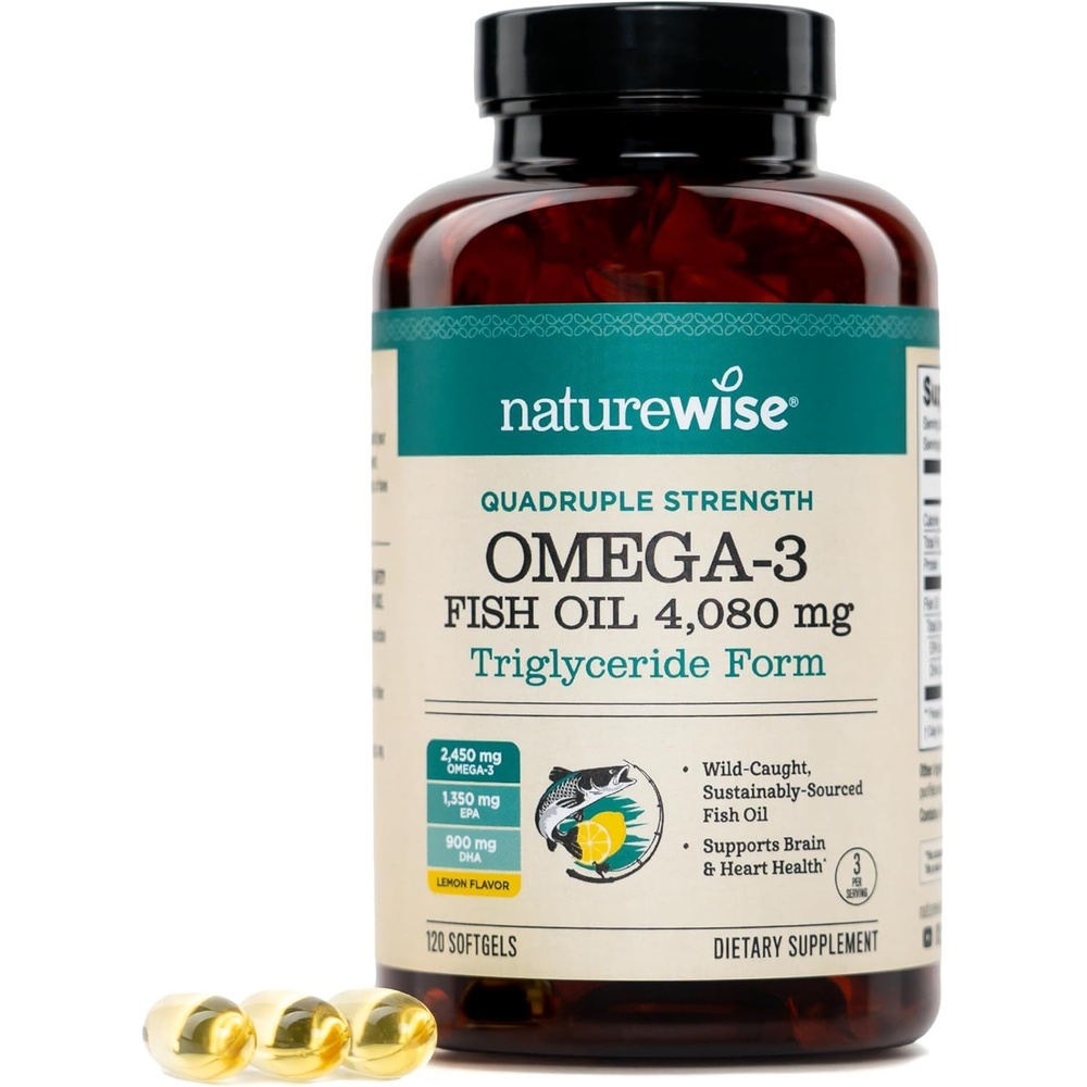 image:imageNatureWise Quadruple Strength Omega 3 Fish Oil 4080mg Natural TG Form Wild Caught 2450mg Omega 3 1350mg EPA 900mg DHA Burpless NonGMO amp USA Manufactured 120 Softgels40 Day Supply