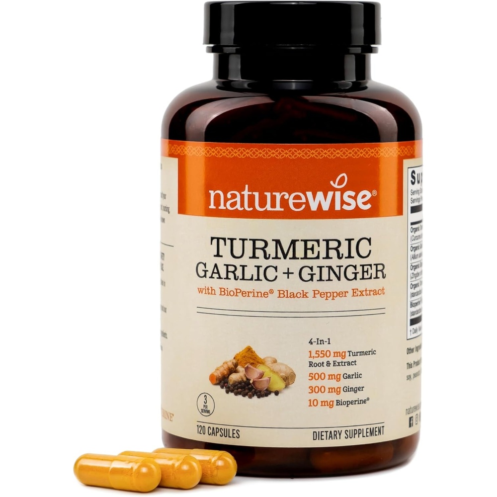 image:imageNatureWise Turmeric Garlic Ginger BioPerine Black Pepper Extract 4 in 1 Turmeric Supplement for Support for Mobility amp Digestion Extra Strength US Manufactured 120 Capsules40Day Supply