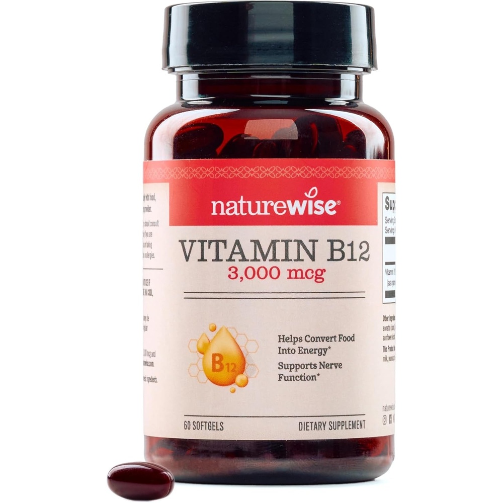image:imageNatureWise Vitamin B12 3000 mcg Extra Strength Supplement for Supporting Energy Levels Mental Clarity Nervous System Health EasytoSwallow Soy and GlutenFree NonGMO 60 Softgels