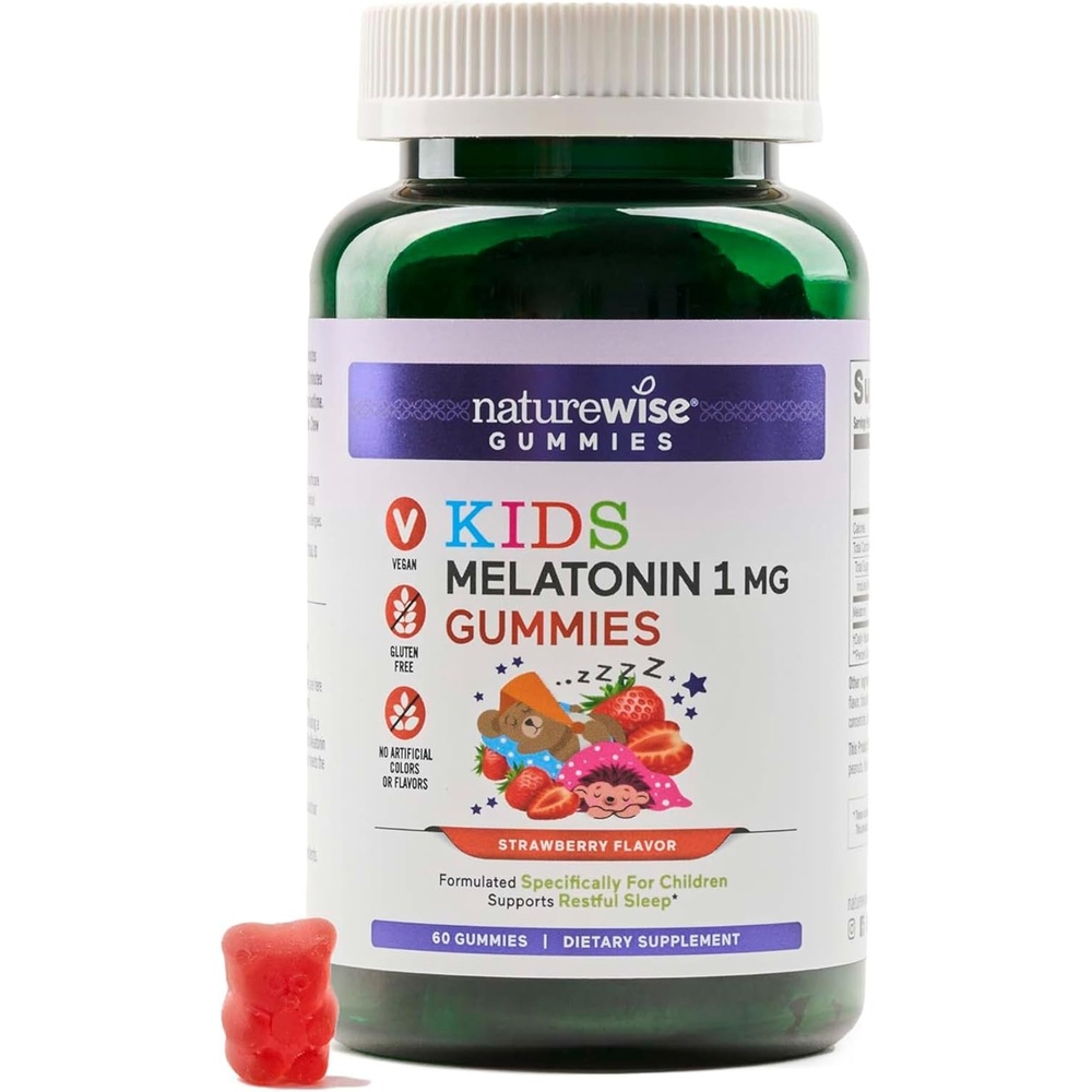 image:imageNaturewise Kids Melatonin Gummies 1 mg  DrugFree NonHabit Forming Sleep Aid for Children Ages 4 amp Up  Strawberry Flavored Gummy Bears  Vegan Gluten Free NonGMO  60 Count2Month Supply