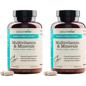 NatureWise Multivitamin for Women + Stress Support with Organic Whole Foods & Natural Minerals – B-Complex + Vitamin C + D3 K2 for Immunity, Hair, Skin & Nails – Non-GMO – 60 Capsules[30-Day Supply](60 Count (Pack of 2))