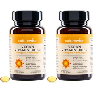 NatureWise Vegan Vitamin D3 + K2 – Natural D3 5000IU + Natural Vitamin K2 100mcg – Bone Support – High Absorption with Organic Cold-Pressed Olive Oil – Non-GMO(60 Count (Pack of 2))